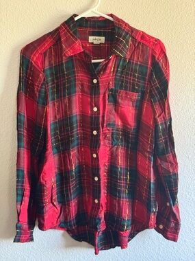 Style & Co. Red Plaid Button-Up Shirt with Gold accent